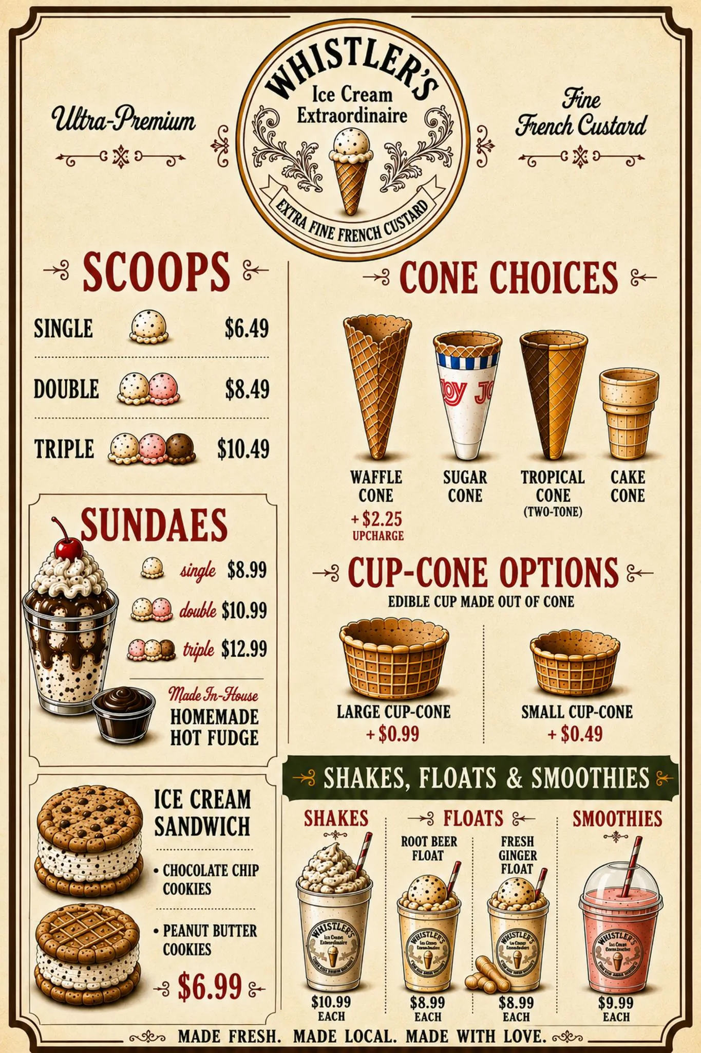 Whistler's illustrated menu with prices for scoops, cones, sundaes, sandwiches, shakes, floats, and smoothies