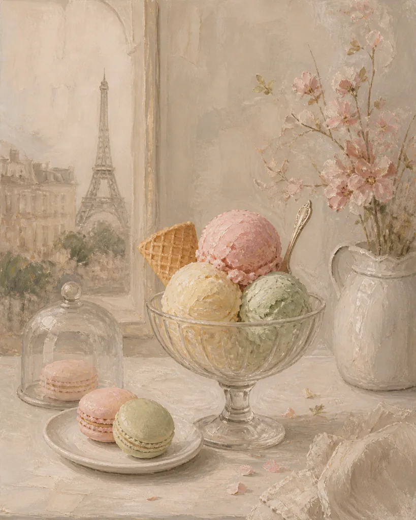 Painterly Paris scene with a glass dish of pastel ice cream and macarons