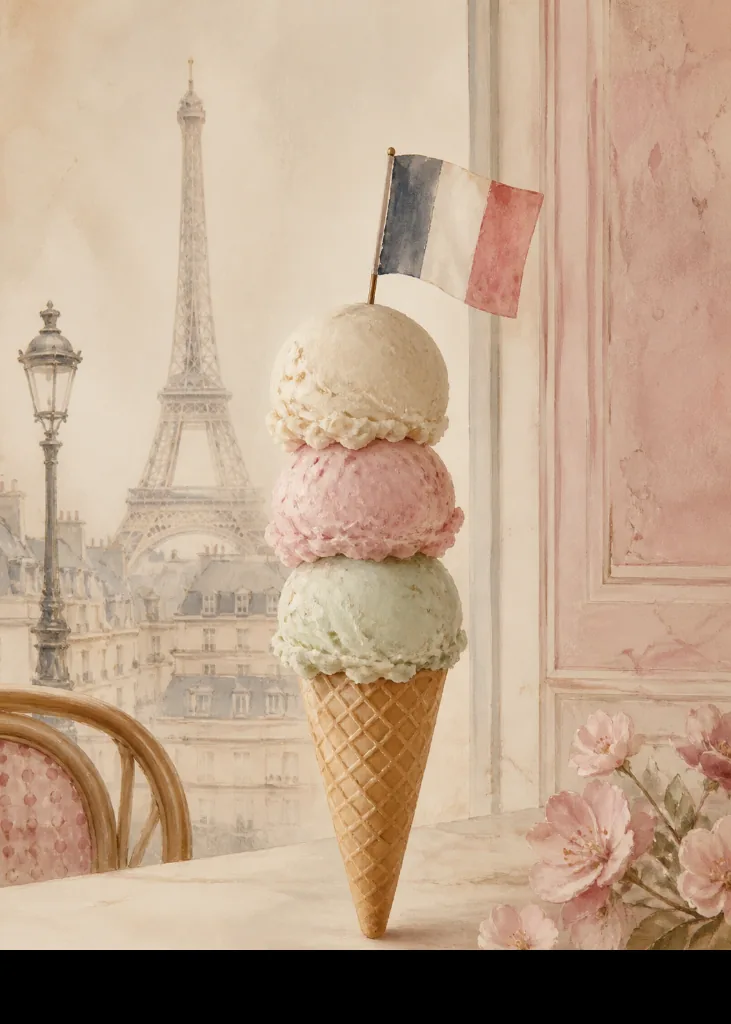 Tall three-scoop cone with a French flag in a painterly Paris scene