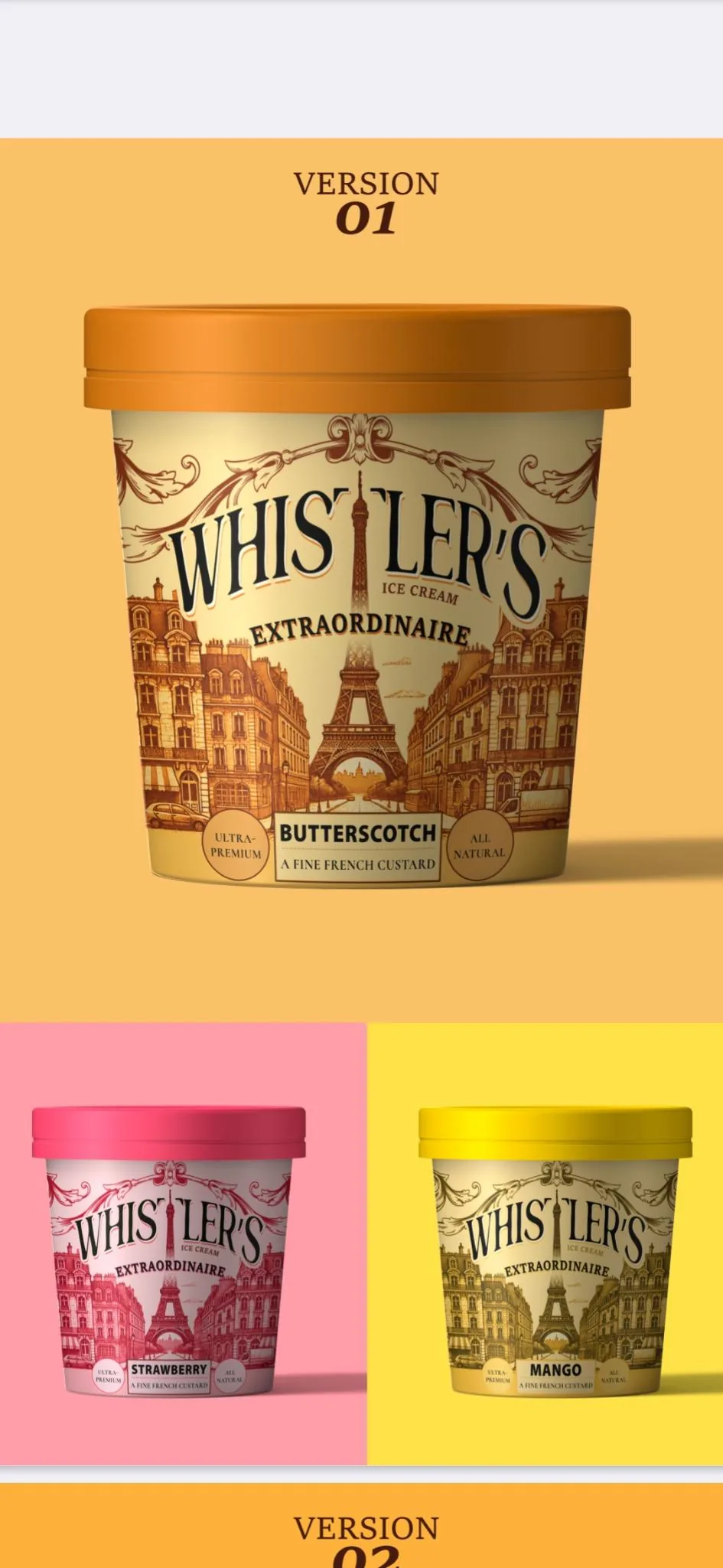 Whistler's pint packaging concepts in butterscotch, strawberry, and mango