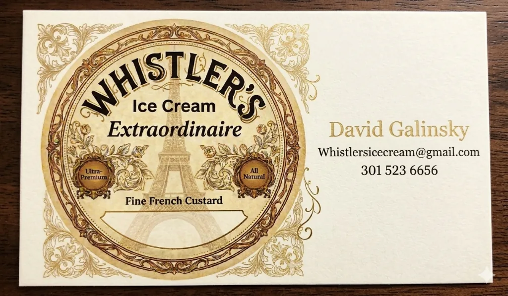 Early Whistler's business card with ornate circular logo