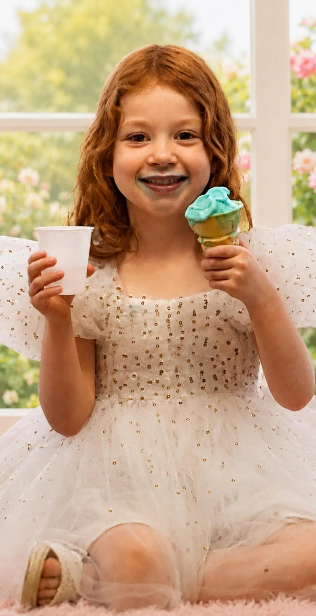 Smiling child holding a bright blue ice cream cone