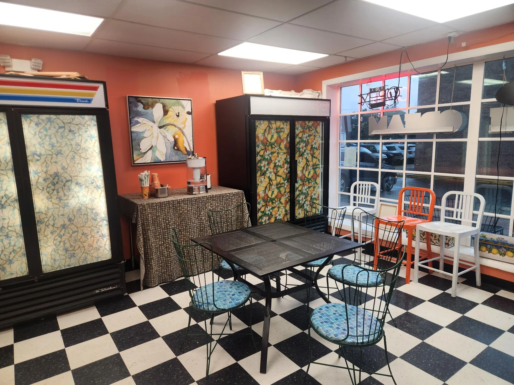 Whistler's colorful seating area with checkerboard floor
