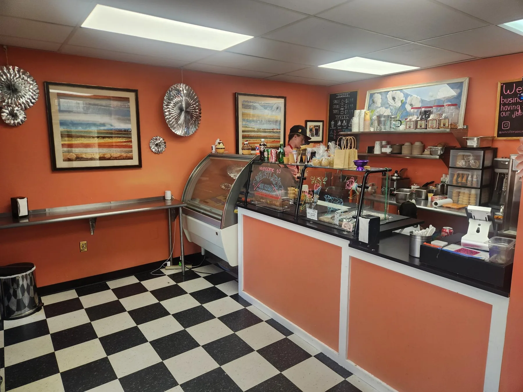 Wide view of Whistler's counter and checkerboard floor