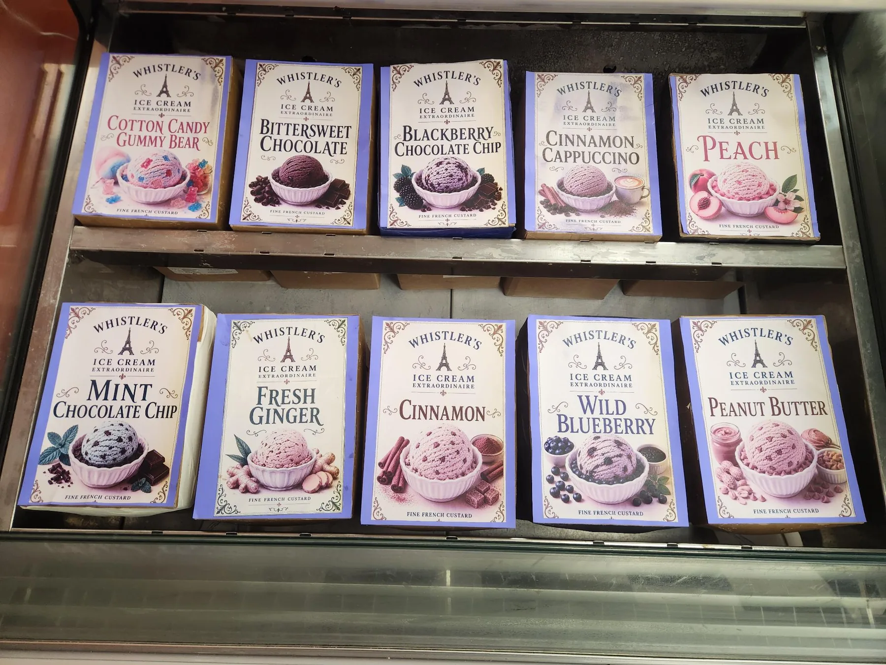 Whistler's ice cream tubs labeled with illustrated flavor cards