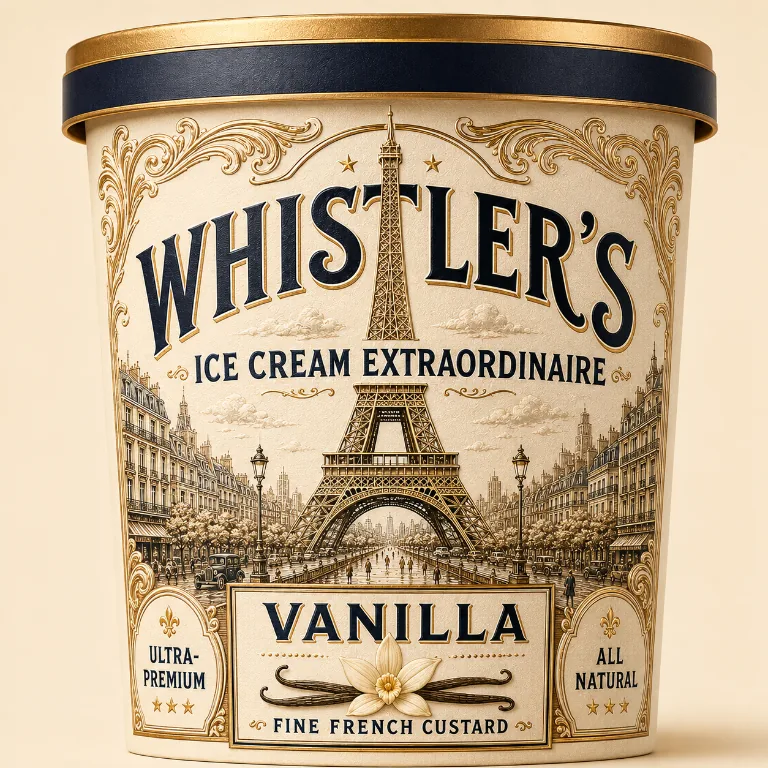Whistler's Vanilla premium French custard pint with Eiffel Tower artwork